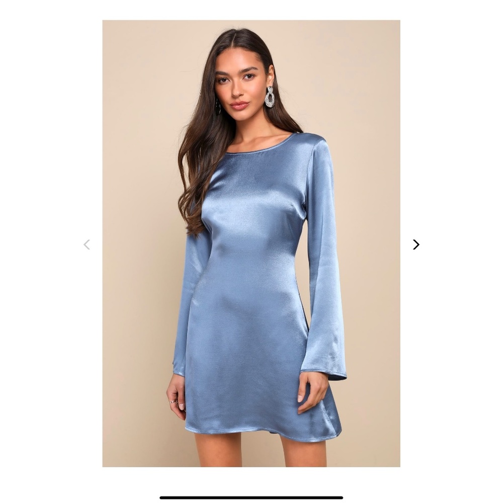 Lulu’s New with Tags- Blue (light blue) satin mini dress with long sleeves